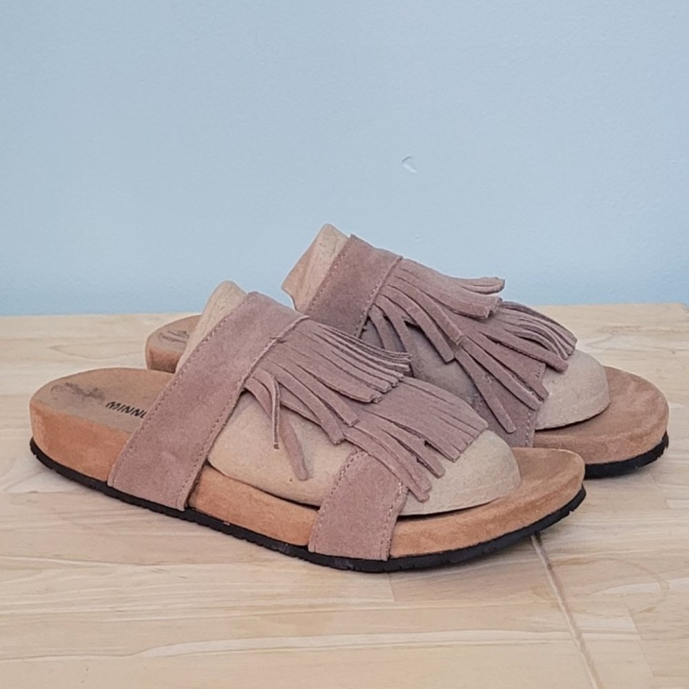 COPY - Minnetonka  "Daisy" Taupe/Tan Fringe Leather Sandal / Slide Size 9 Boho …